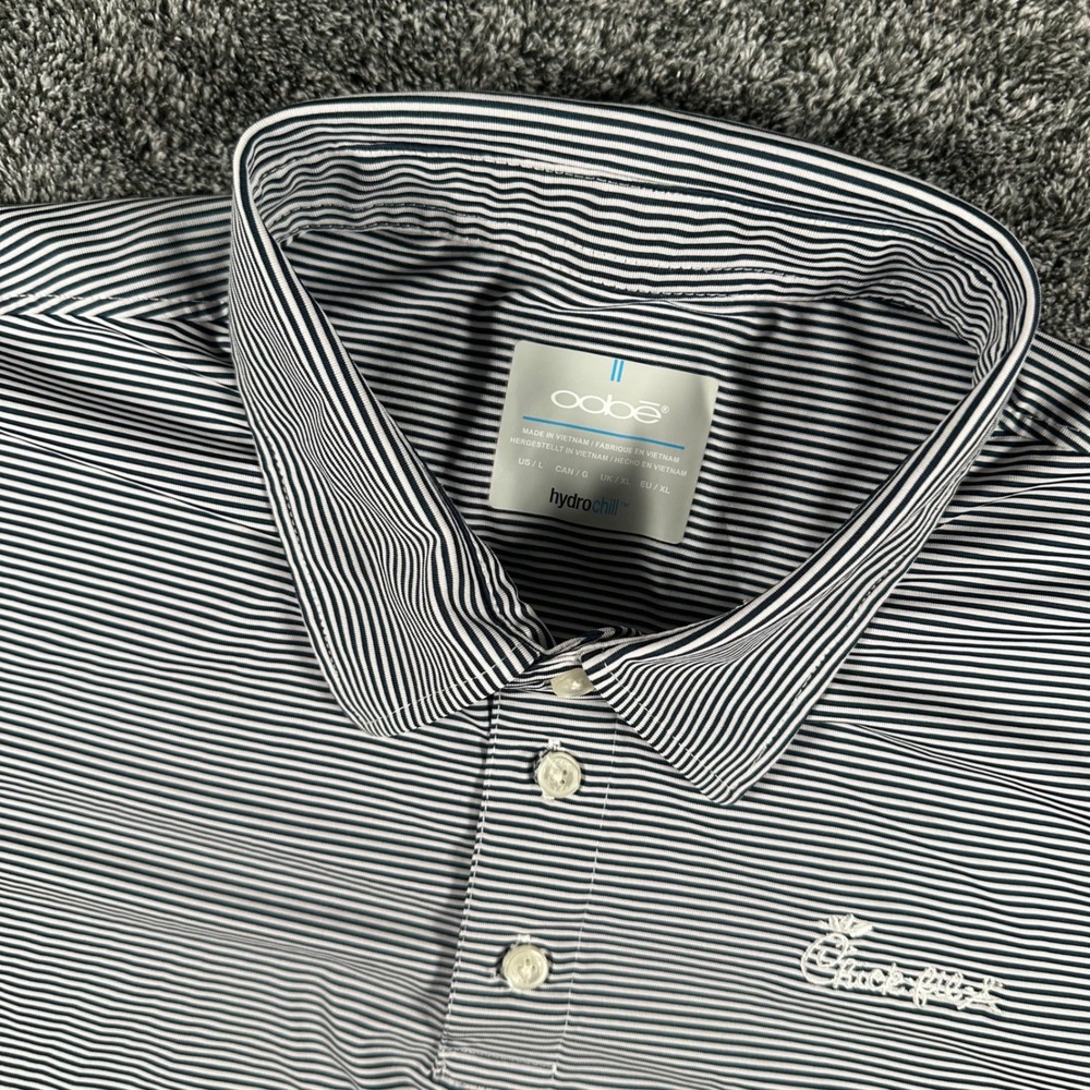 Chick-fil-A OOBE Polo Shirt Mens L Hydrochill Navy White Striped Logo Top